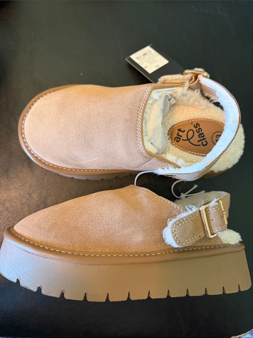 art class Tan Suede Faux-Shearling Clog Mules with Buckle size 13